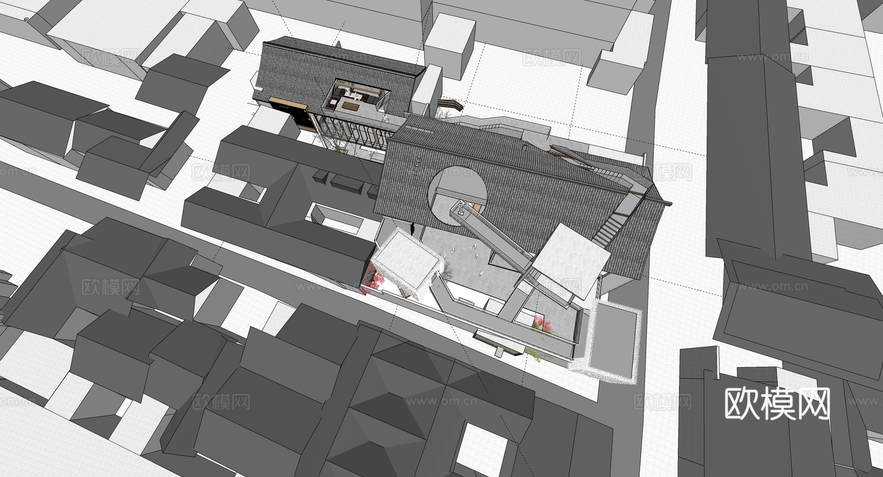 新中式民宿建筑 木制 斜顶su模型
