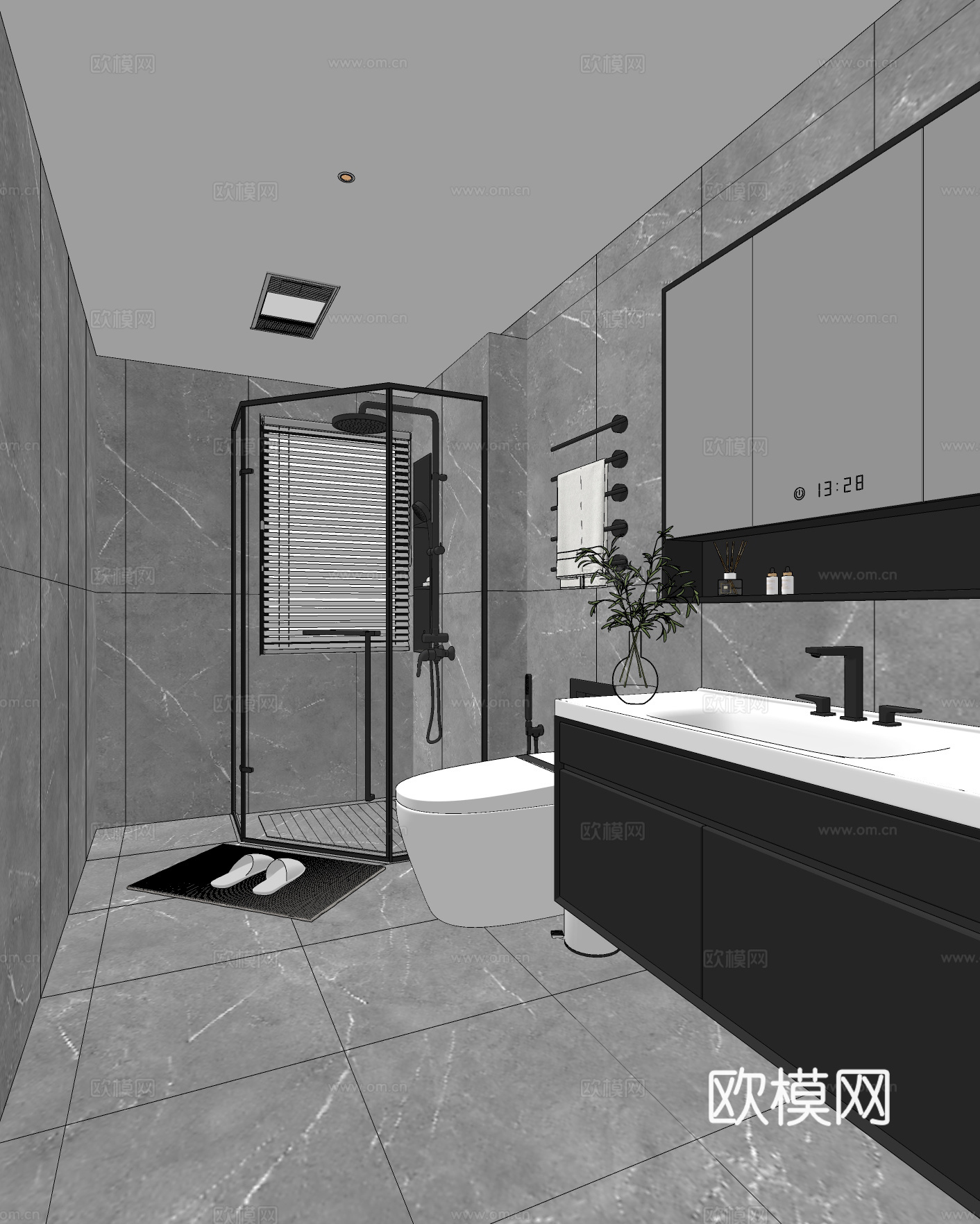 现代卫生间 马桶 花洒 洗手台 镜柜su模型