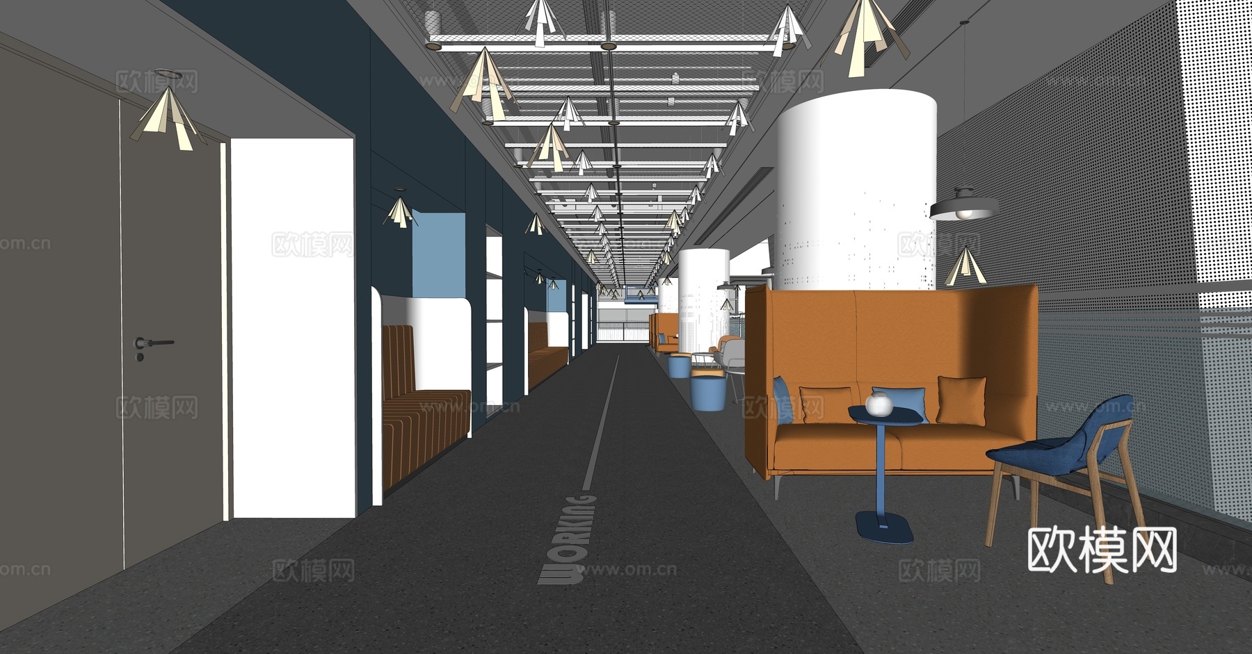 现代公司过道   艺术楼道   走廊su模型