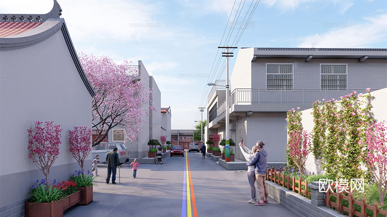 新中式美丽乡村街道 乡村自建房su模型