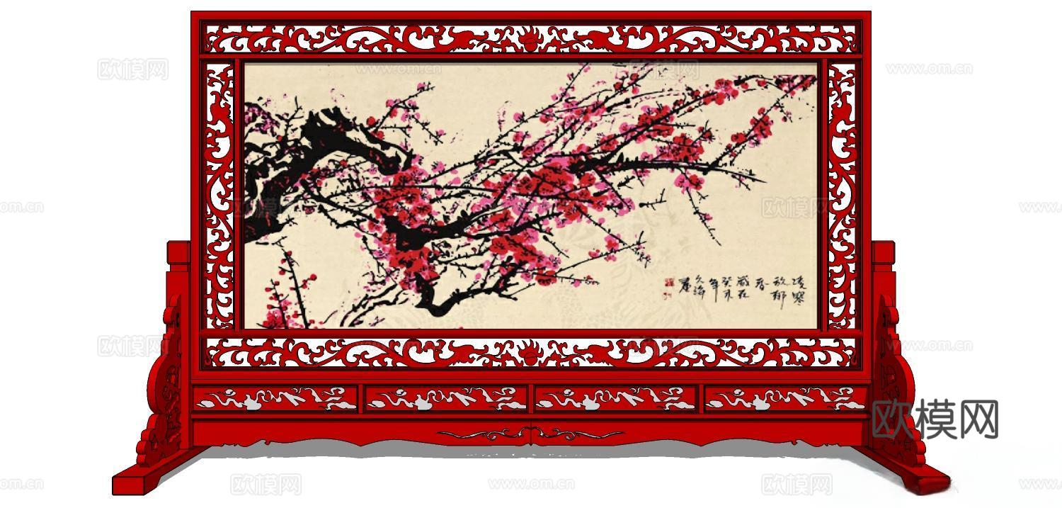 屏风，实木屏风 中式屏风 隔断屏风su模型
