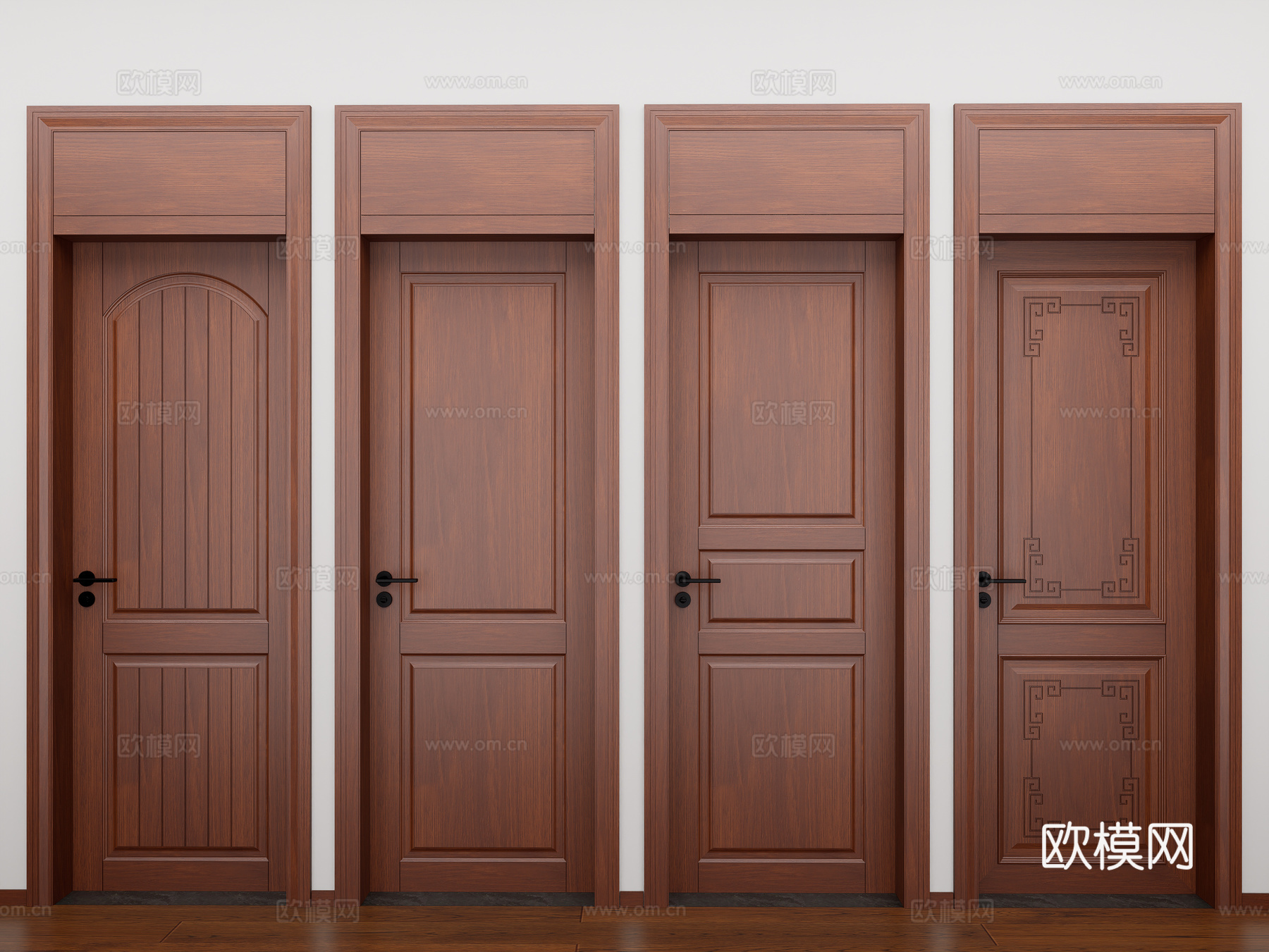 新中式房门组合 单开门 卧室门 实木门 室内门 门楣 门头板su模型