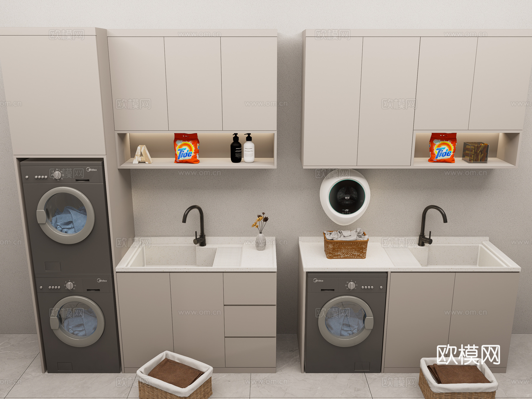 现代洗衣机柜 洗手台陶瓷洗衣池 洗衣池 阳台柜 洗衣机su模型