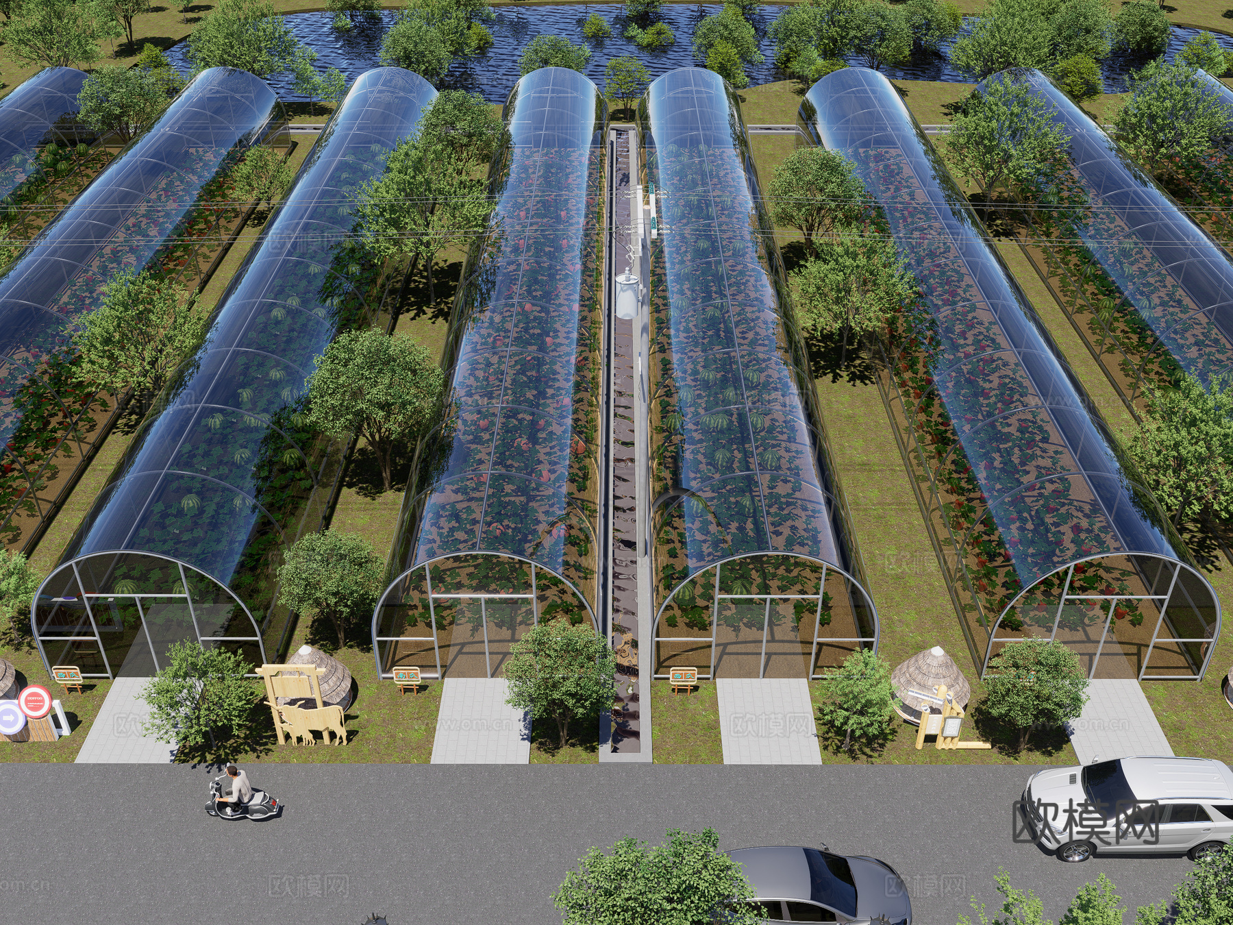 现代农业大棚 种植基地 温室大棚基地 生态园 采摘园3d模型下载（渲染图1）