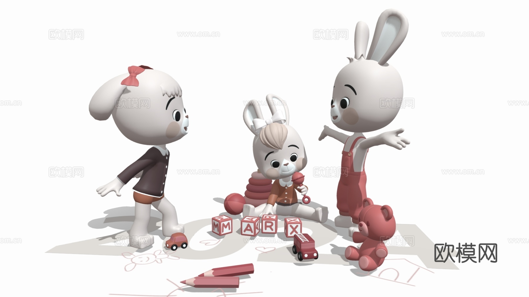 现代兔子玩偶 布偶 玩偶组合 小兔子 布艺玩具su模型