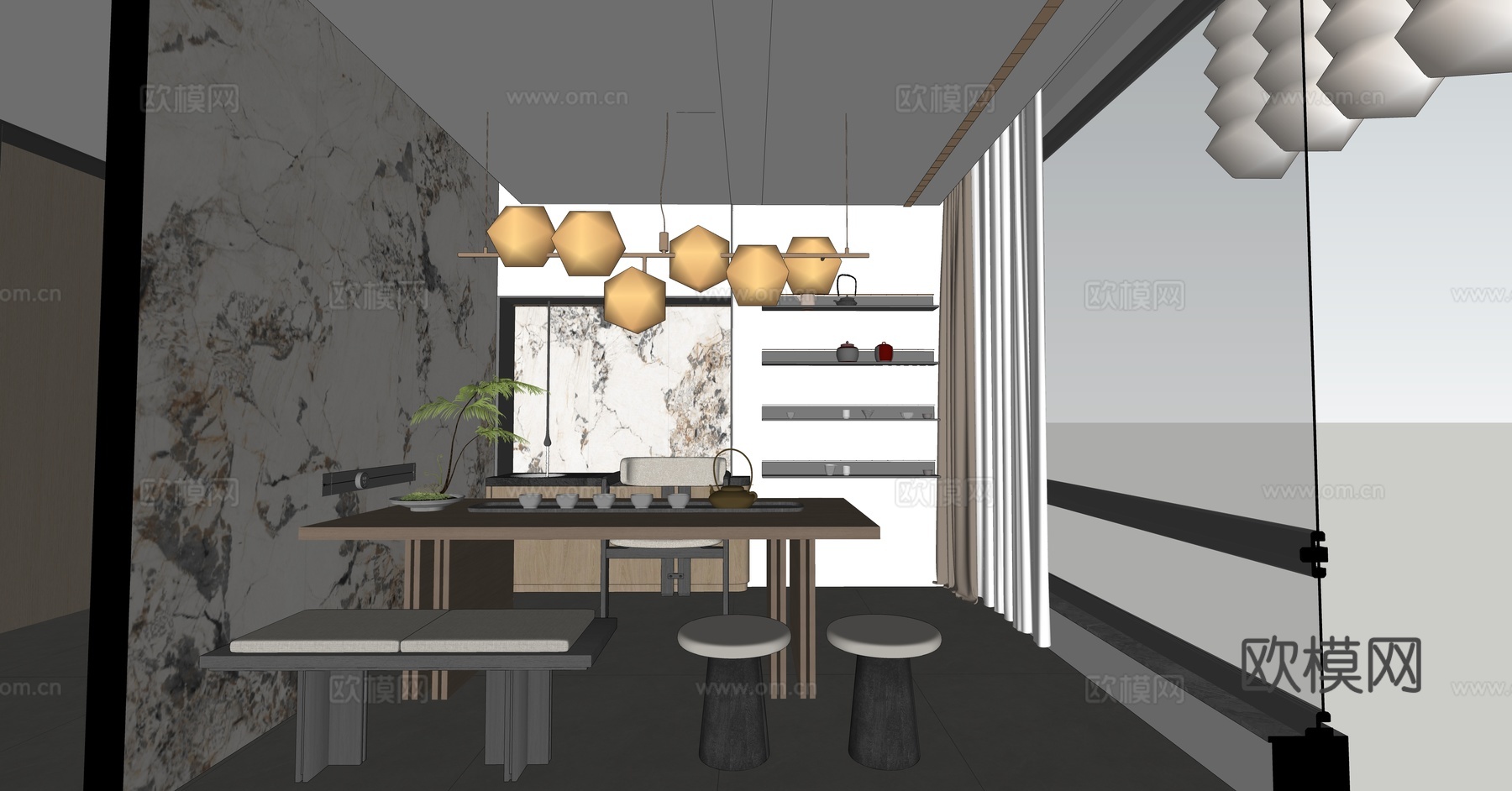 现代茶室_茶桌椅su模型