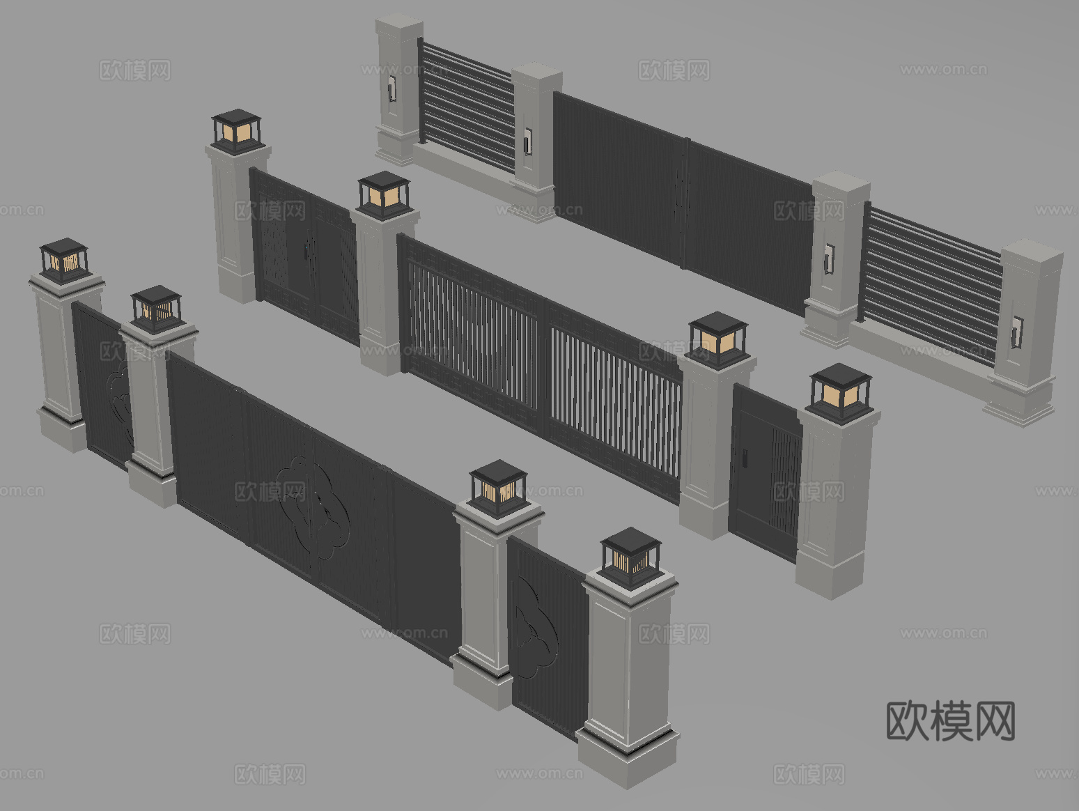 新中式庭院门 围墙 别墅大门 别墅庭院门 庭院铁门su模型