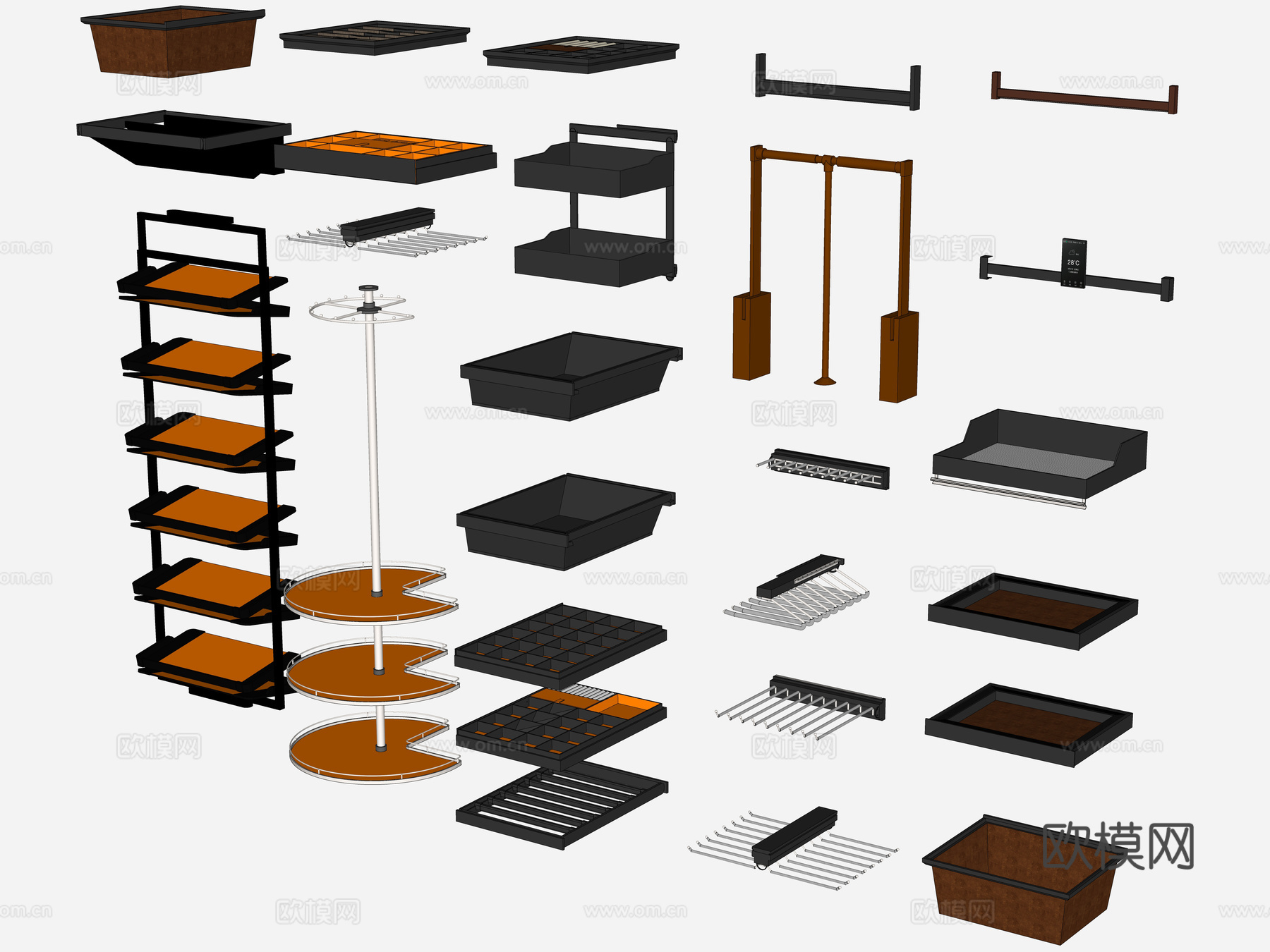 现代五金配件 旋转衣挂 格子架 鞋架 裤架 领带格 衣通杆su模型