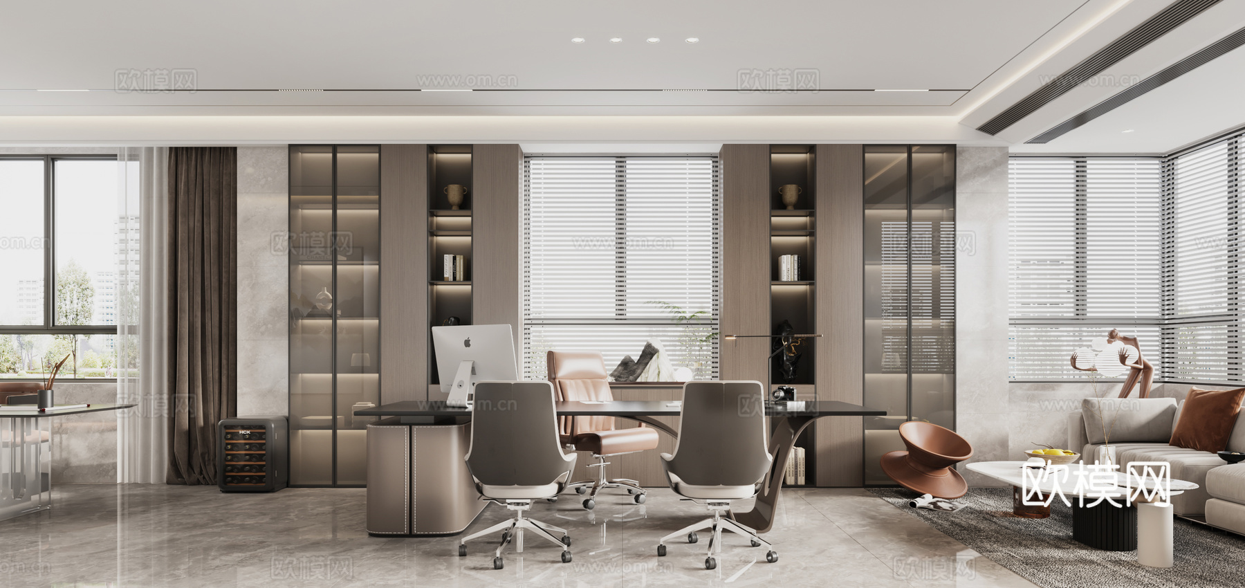 意式董事长办公室 意式总经理办公室  意式茶桌 意式办公桌3d模型下载（渲染图1）