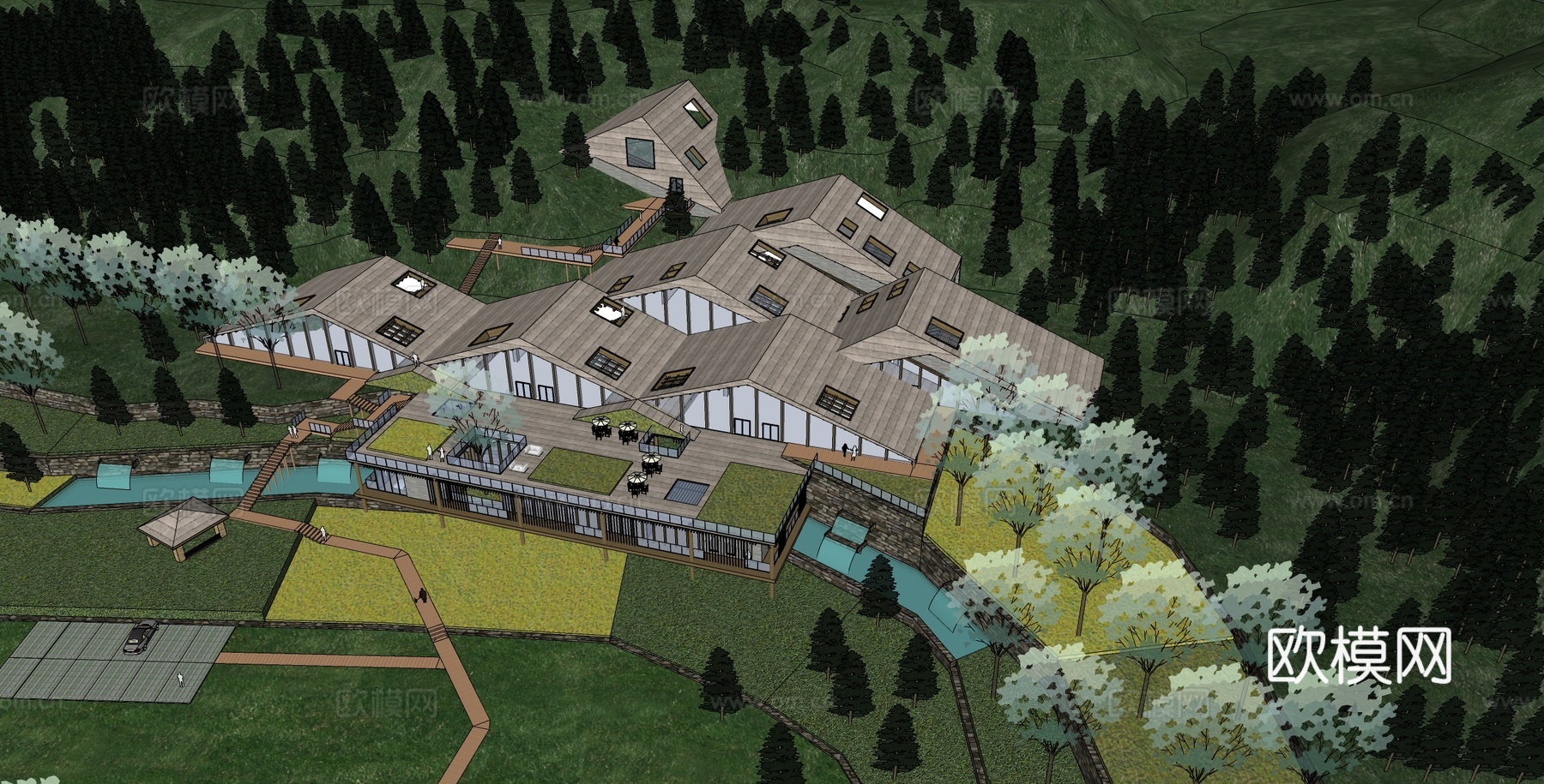 现代山地度假酒店 野奢坡屋顶木屋 酒店建筑  酒店民宿su模型