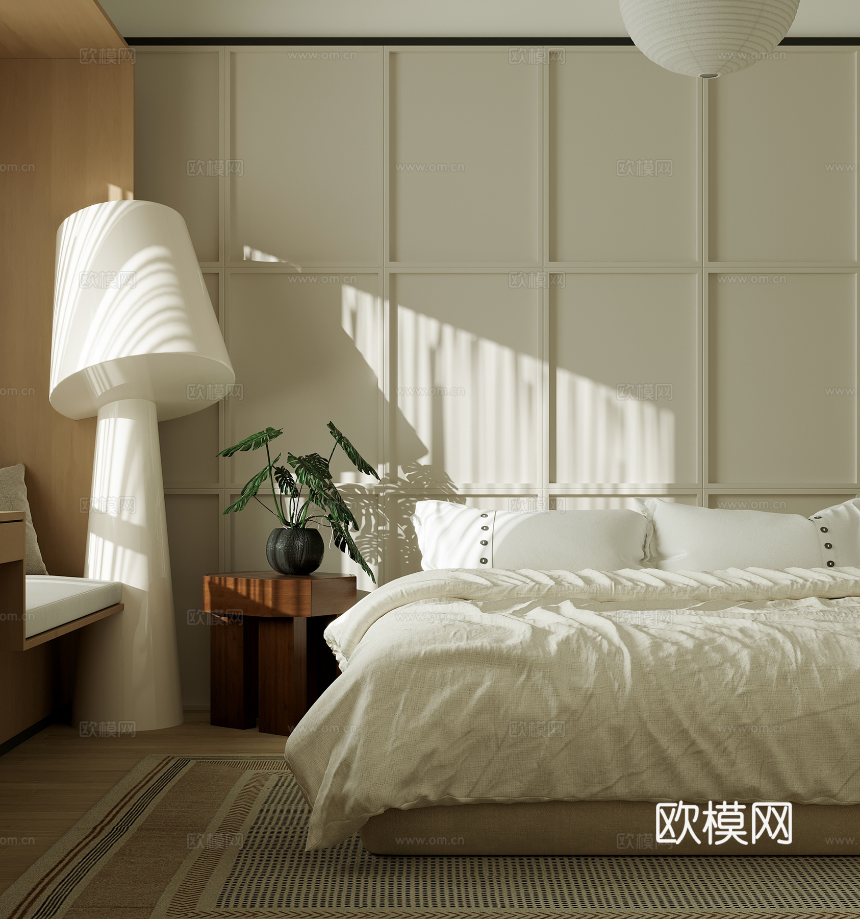 现代卧室 双人床 落地灯 地毯su模型