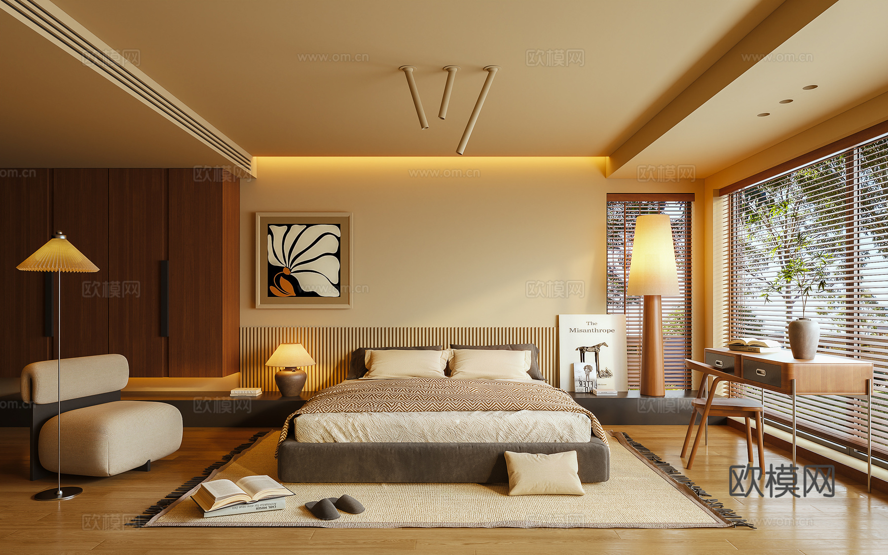 卧室 主卧 双人床 休闲椅 梳妆台 摆件3d模型下载