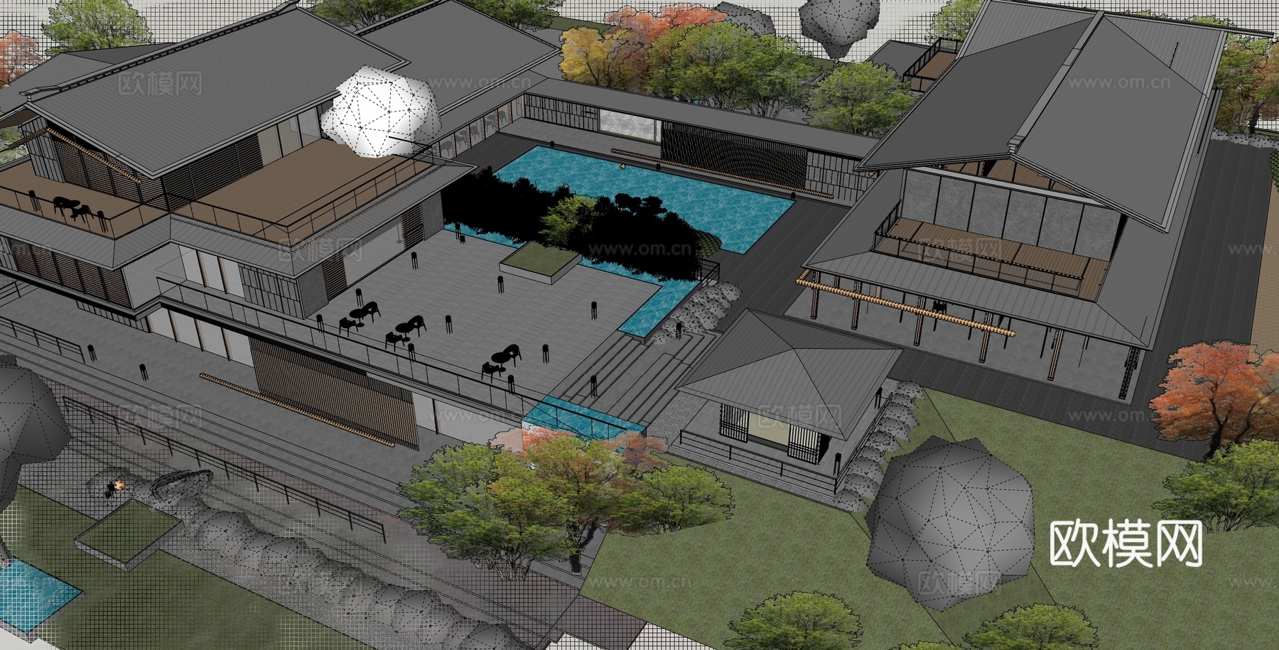 新中式民宿 建筑 酒店民宿 木制 斜顶su模型