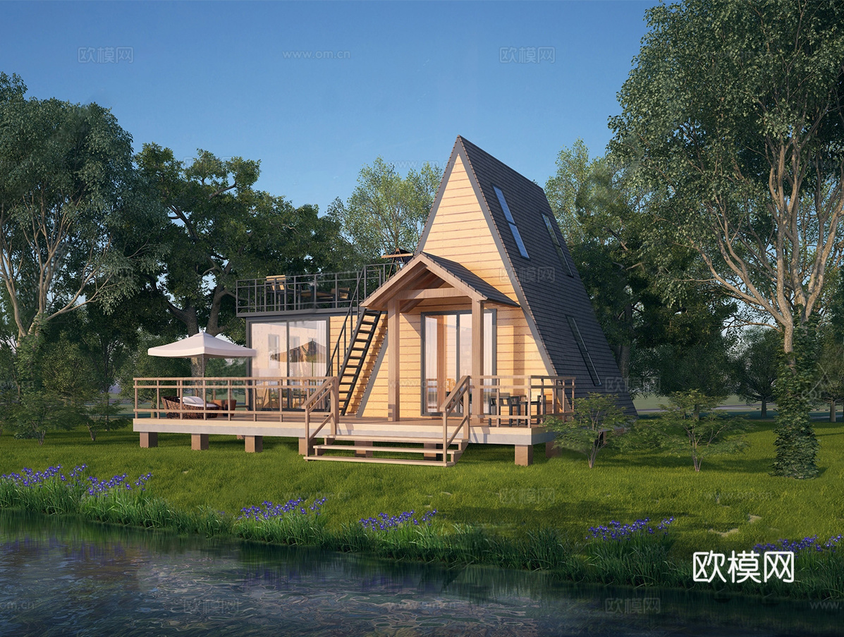 现代户外木屋 民宿su模型