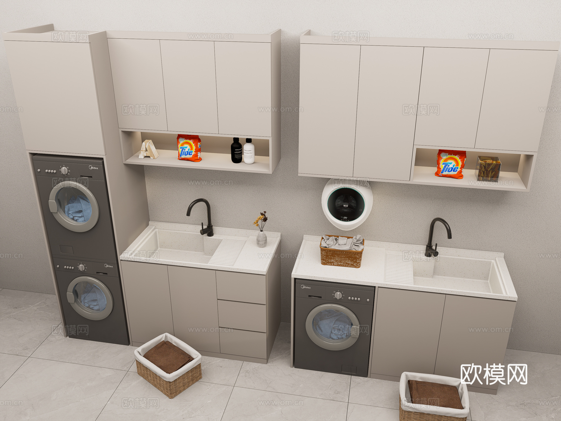 现代洗衣机柜 洗手台陶瓷洗衣池 洗衣池 阳台柜 洗衣机su模型