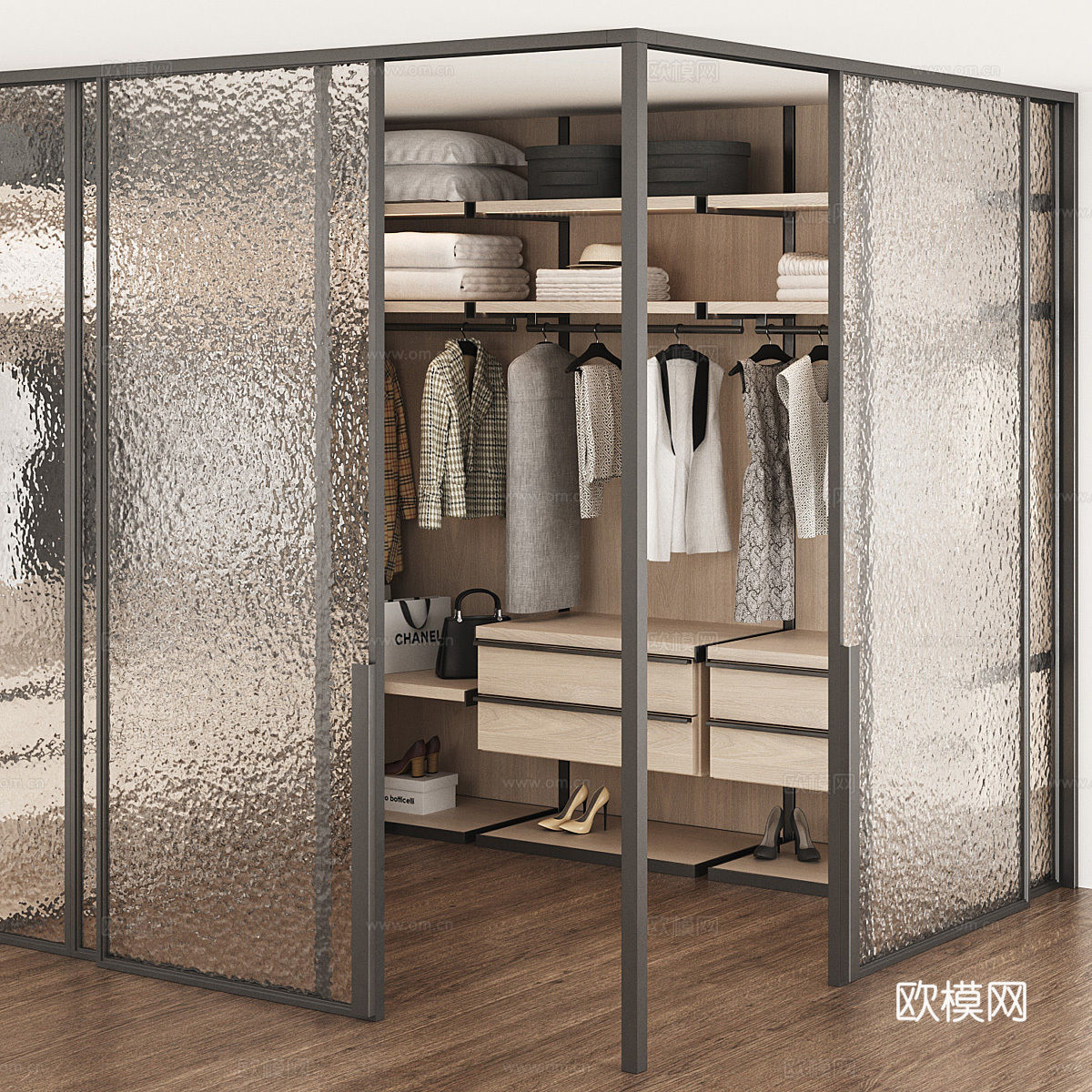 现代意式转角衣柜 衣帽间3d模型下载（渲染图4）