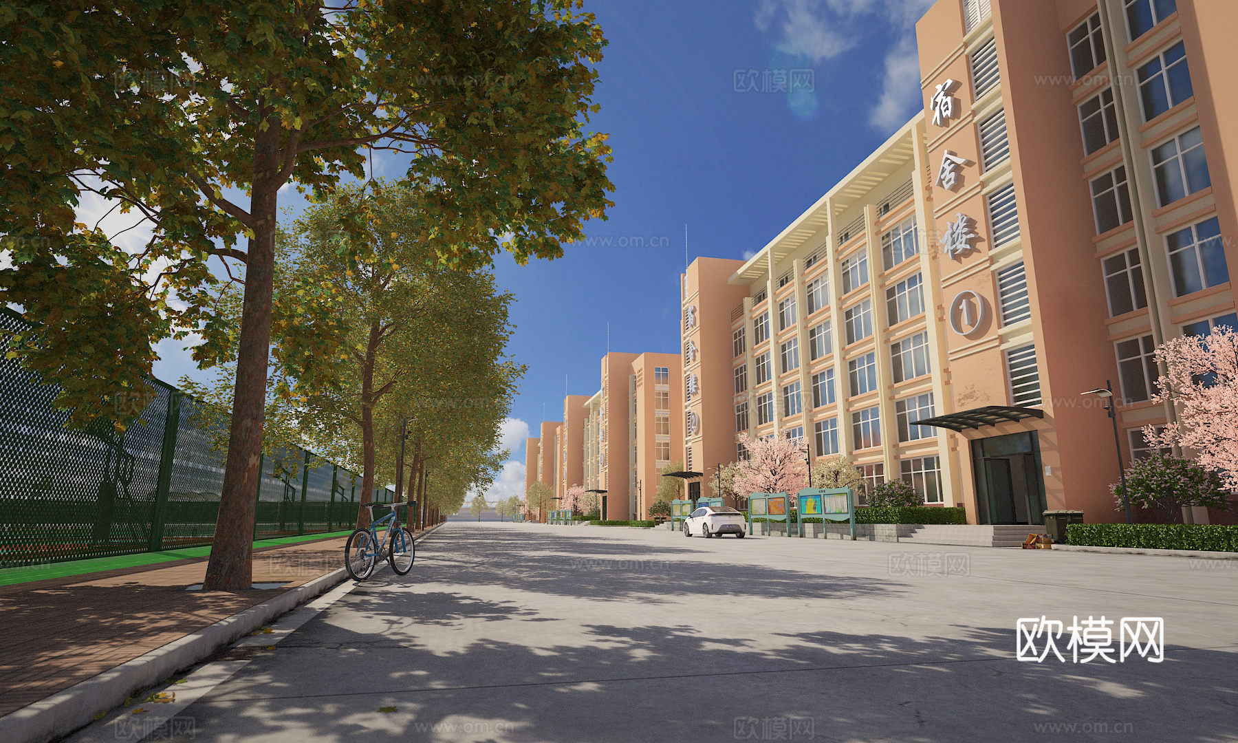 现代学校 宿舍 篮球场 宣传栏 跑道 花坛 建筑 人行道3d模型下载