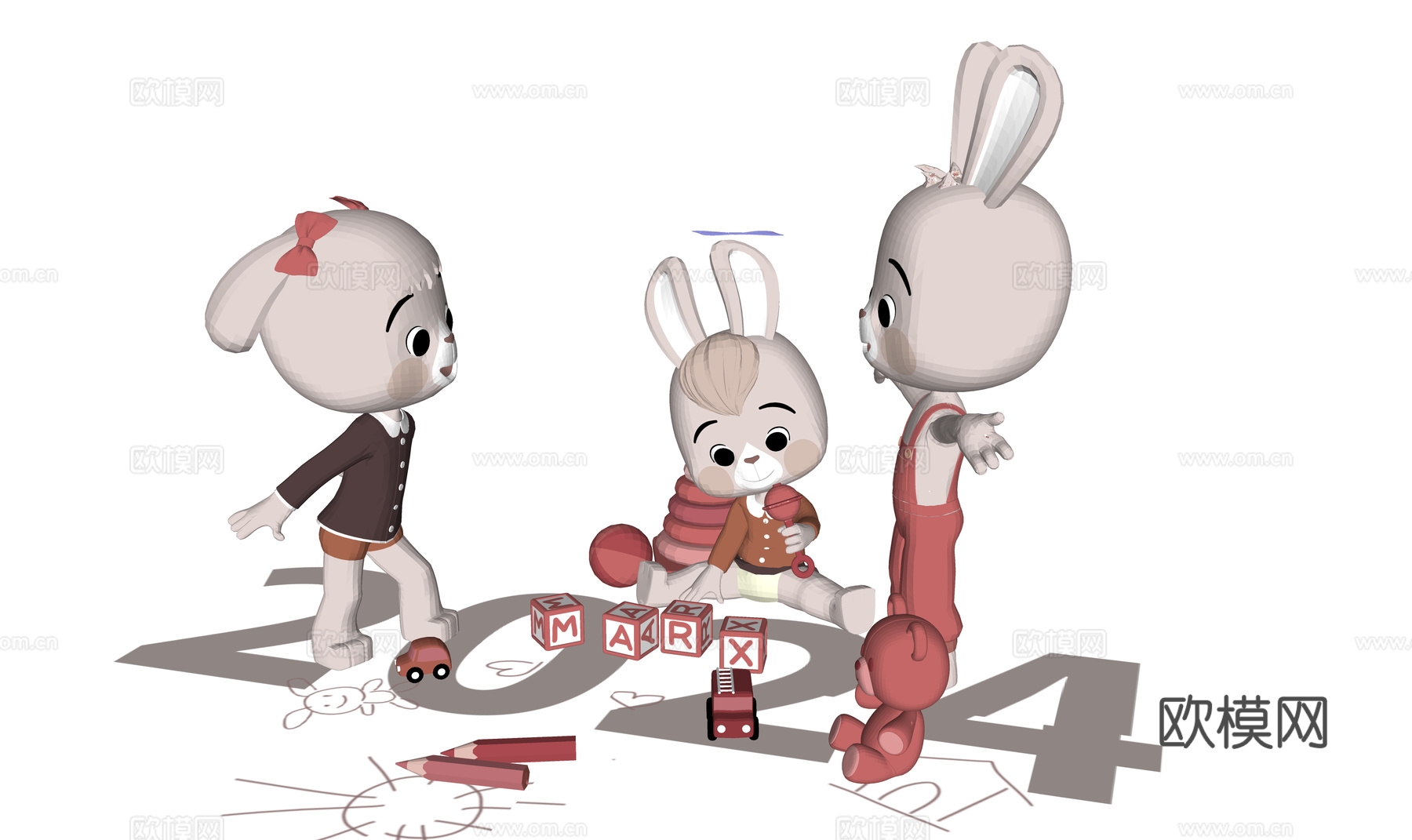 现代兔子玩偶 布偶 玩偶组合 小兔子 布艺玩具su模型