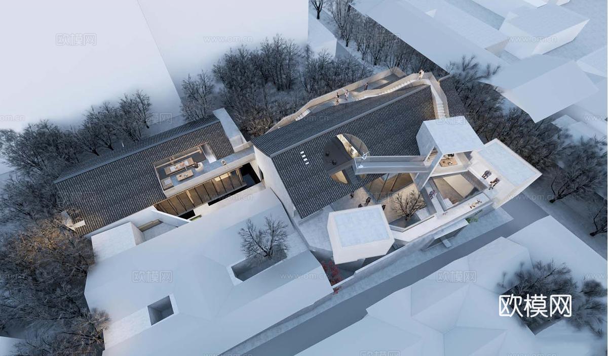 新中式民宿建筑 木制 斜顶su模型