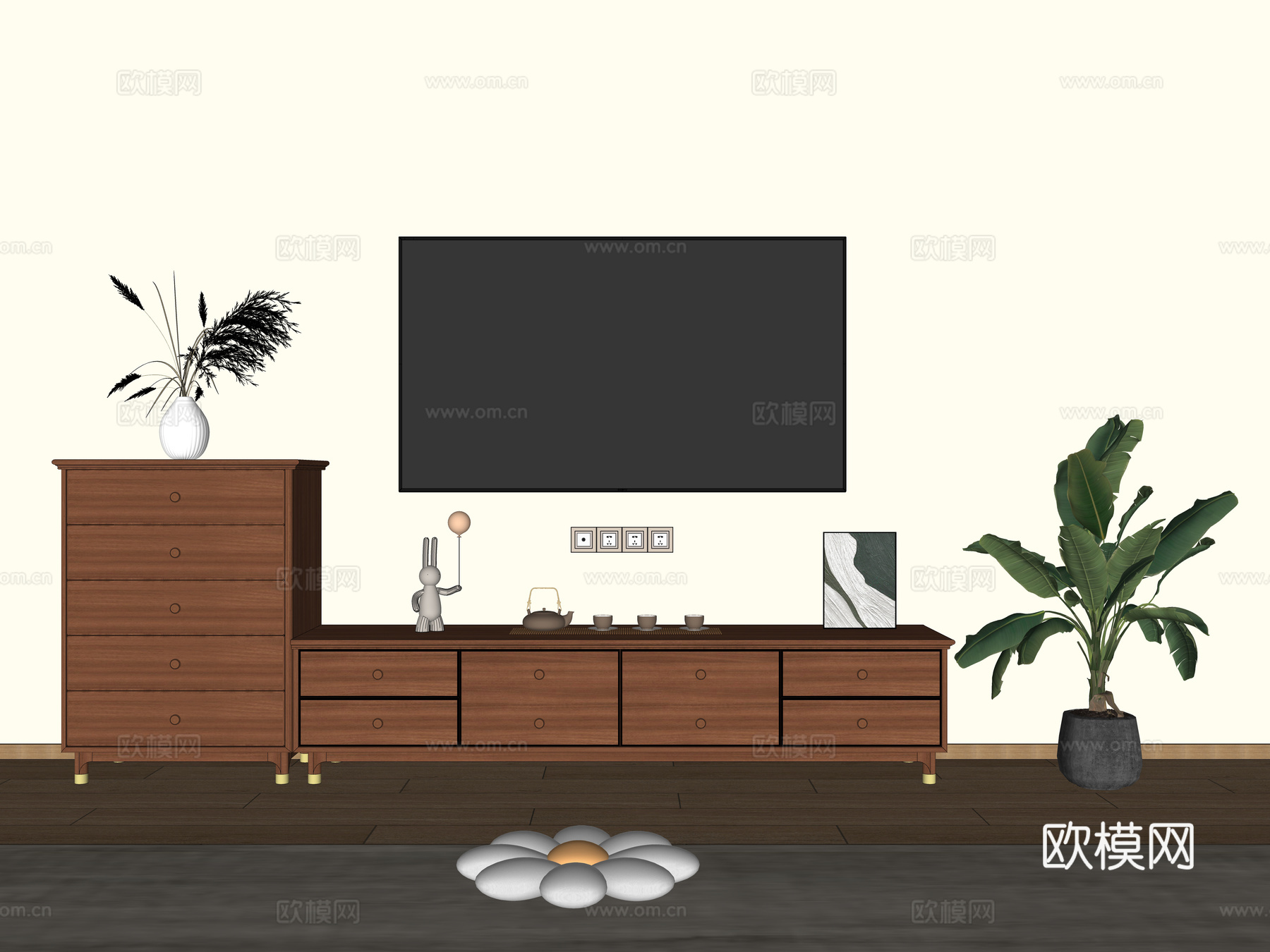 中古风客厅电视柜 地柜式 斗柜 木材 矮柜 装饰柜su模型