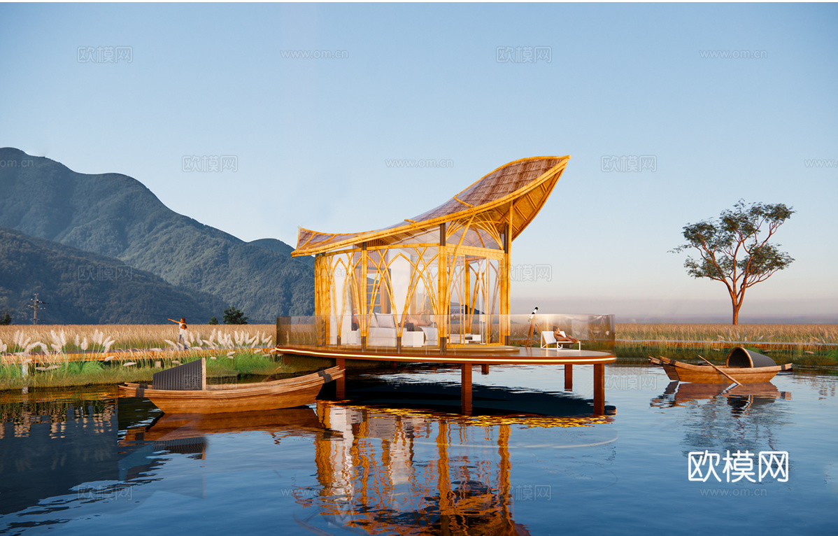 现代叶子帐篷树屋 民宿建筑 竹编竹屋su模型