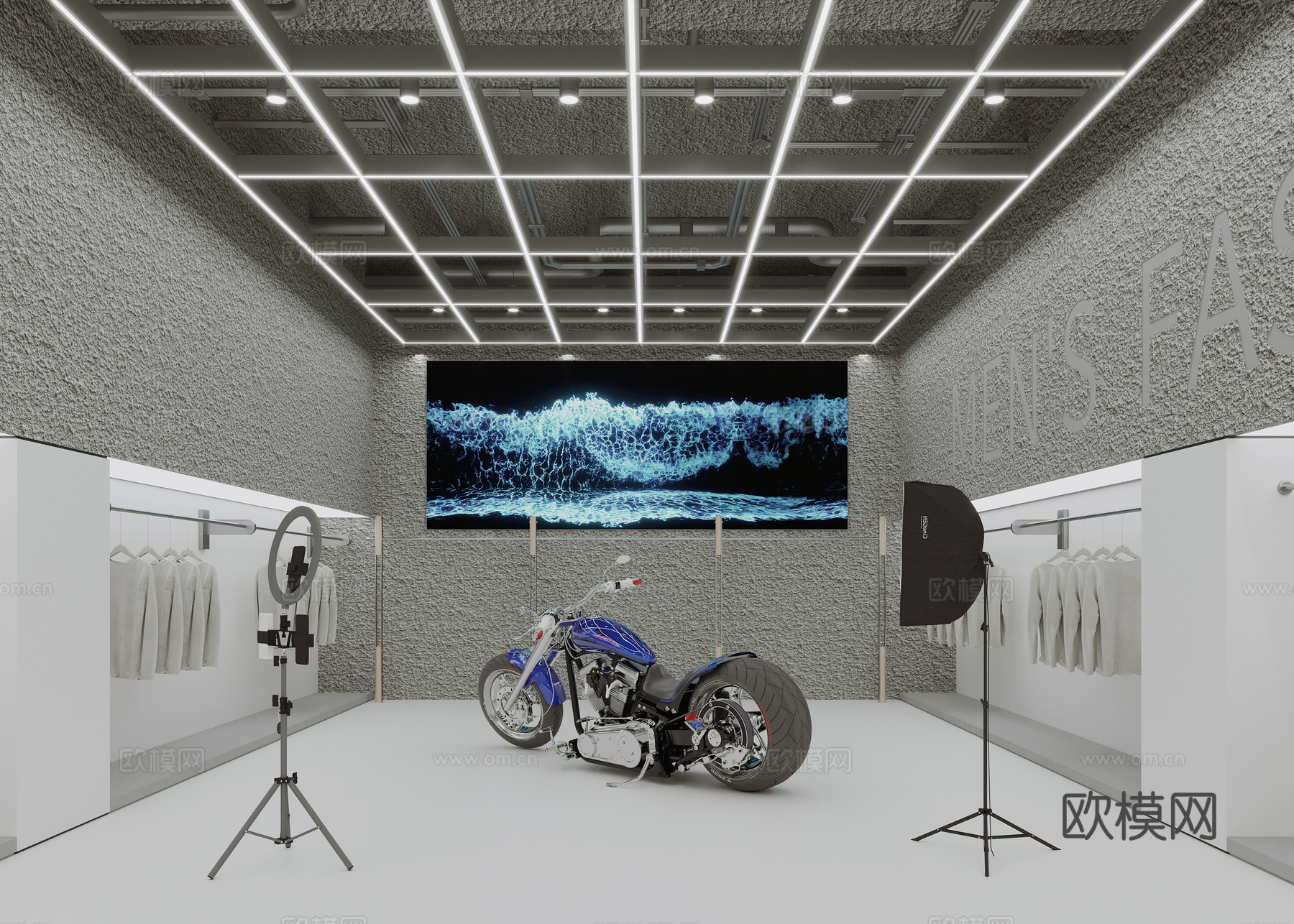 工业风服装店直播间 服装店展厅 艺术漆肌理漆墙面 直播设备su模型