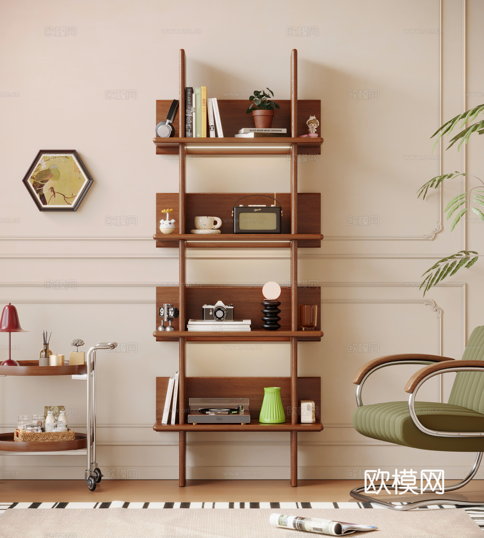 实木转角书架 落地置物架 中古风展示柜3d模型下载