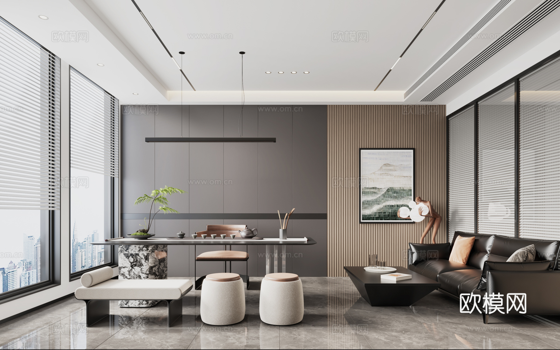 意式董事长办公室 意式总经理办公室  意式茶桌 意式办公桌3d模型下载（渲染图2）