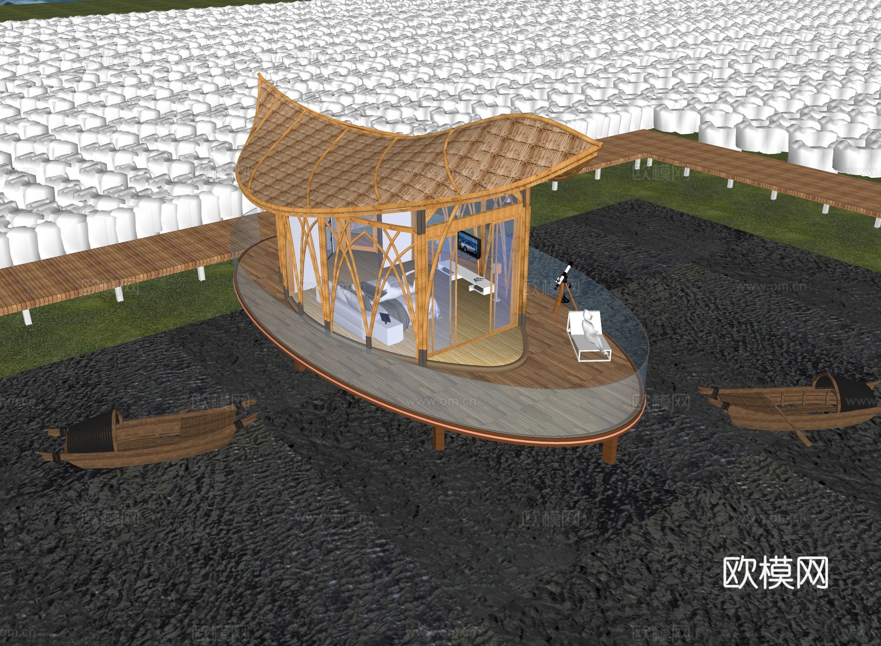 现代叶子帐篷树屋 民宿建筑 竹编竹屋su模型