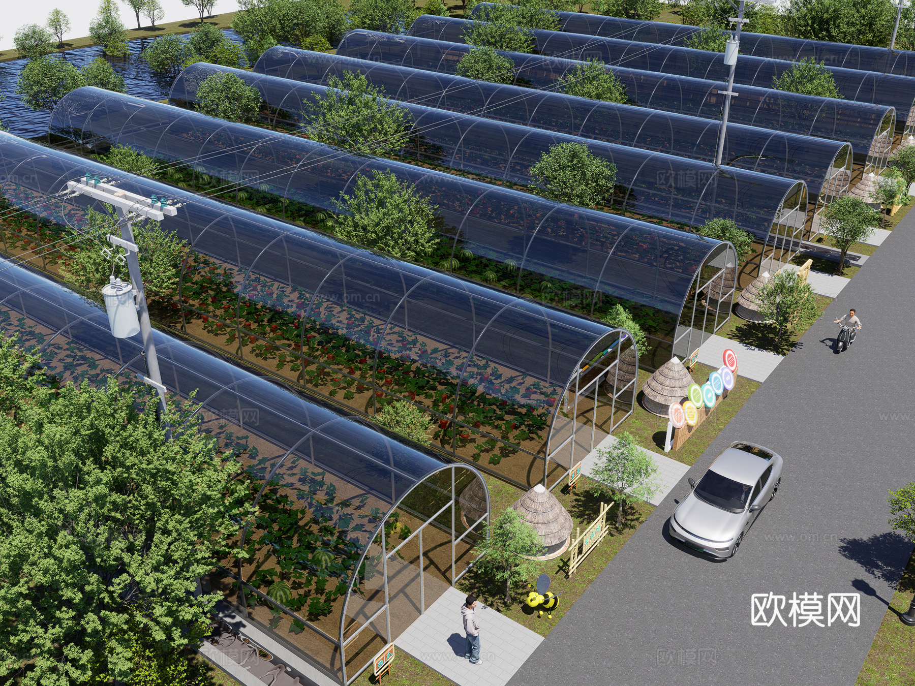 现代农业大棚 种植基地 温室大棚基地 生态园 采摘园3d模型下载（渲染图2）