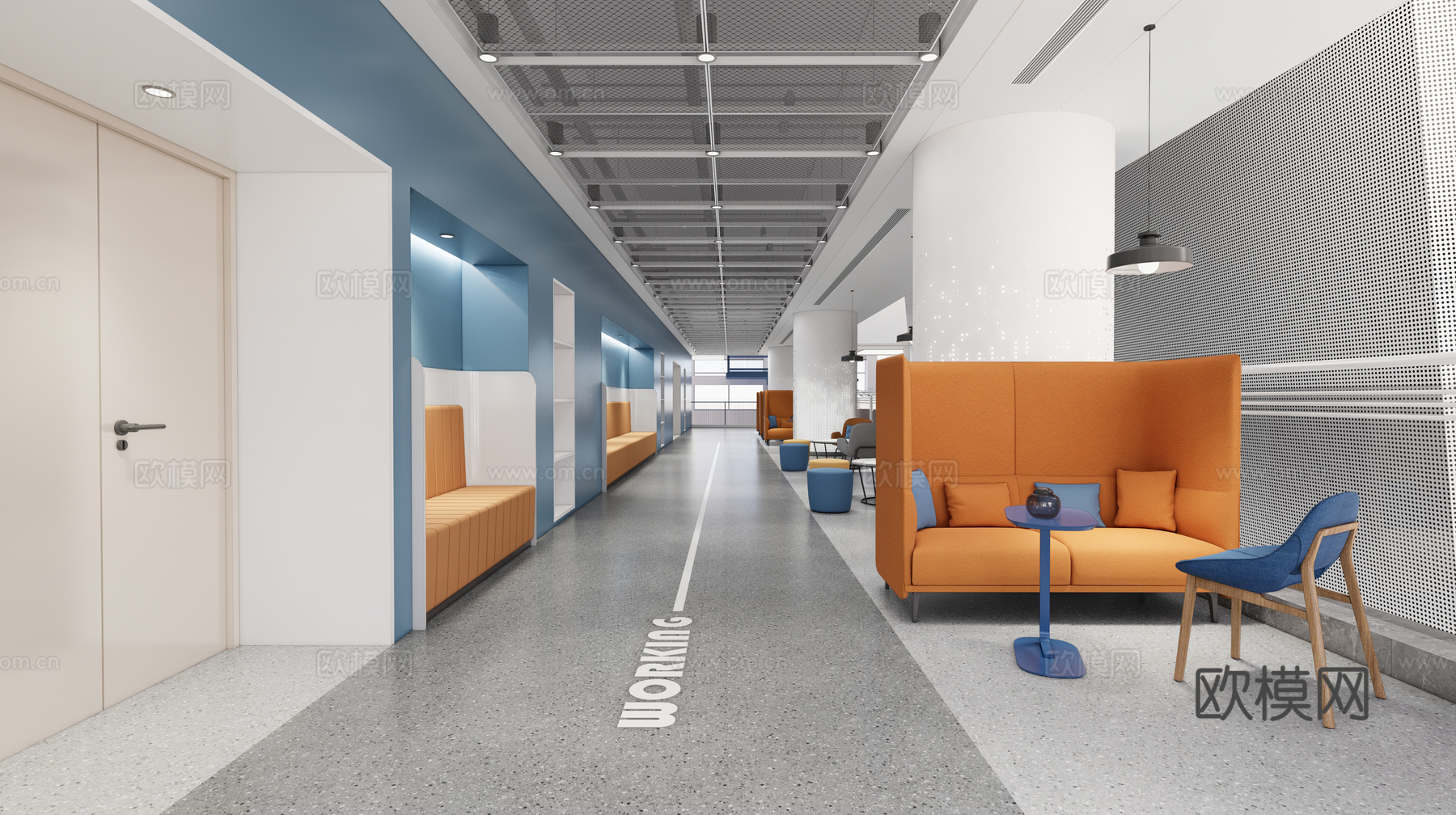 现代公司过道   艺术楼道   走廊su模型