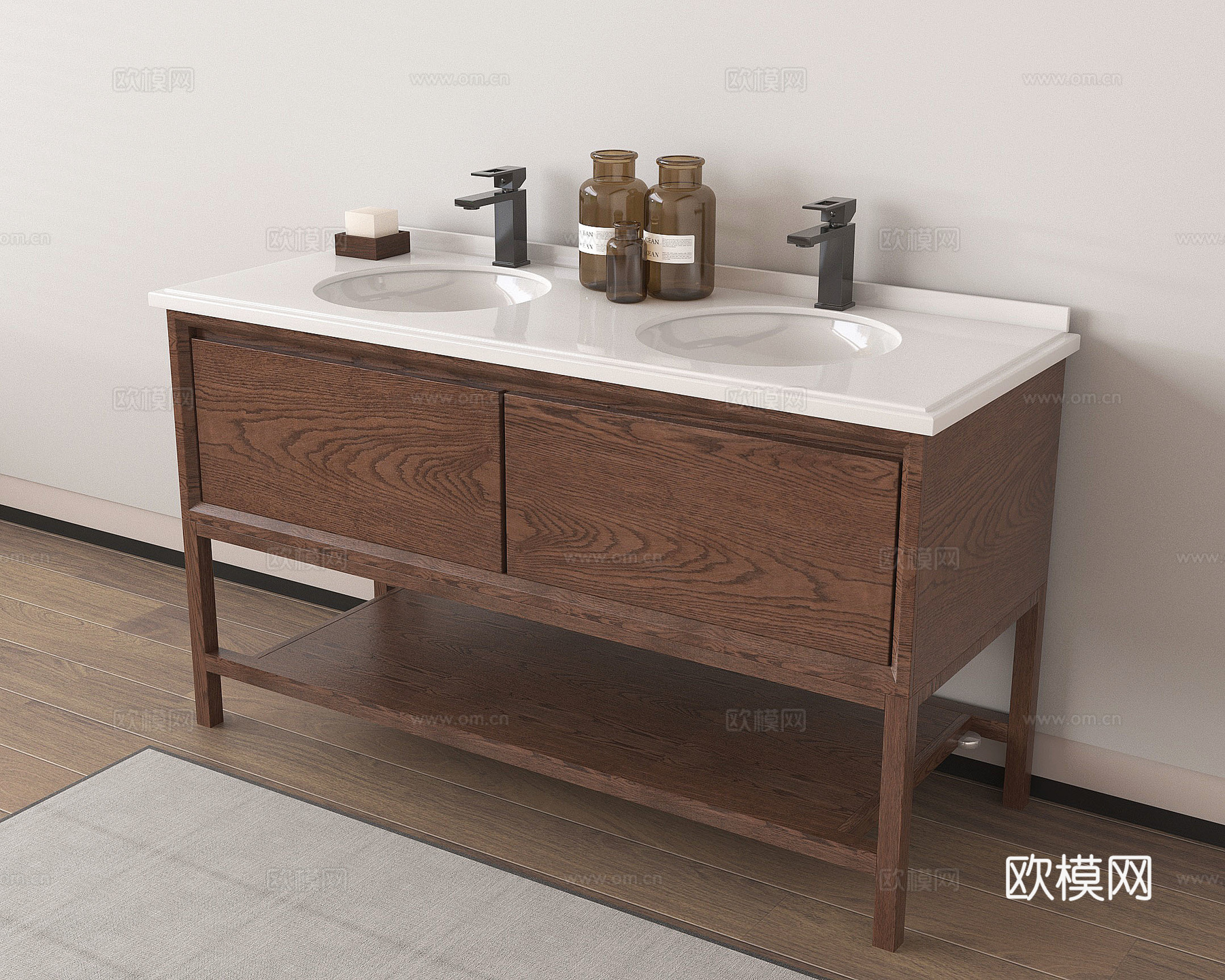 新中式洗手台盆 实木柜架 洗手台su模型
