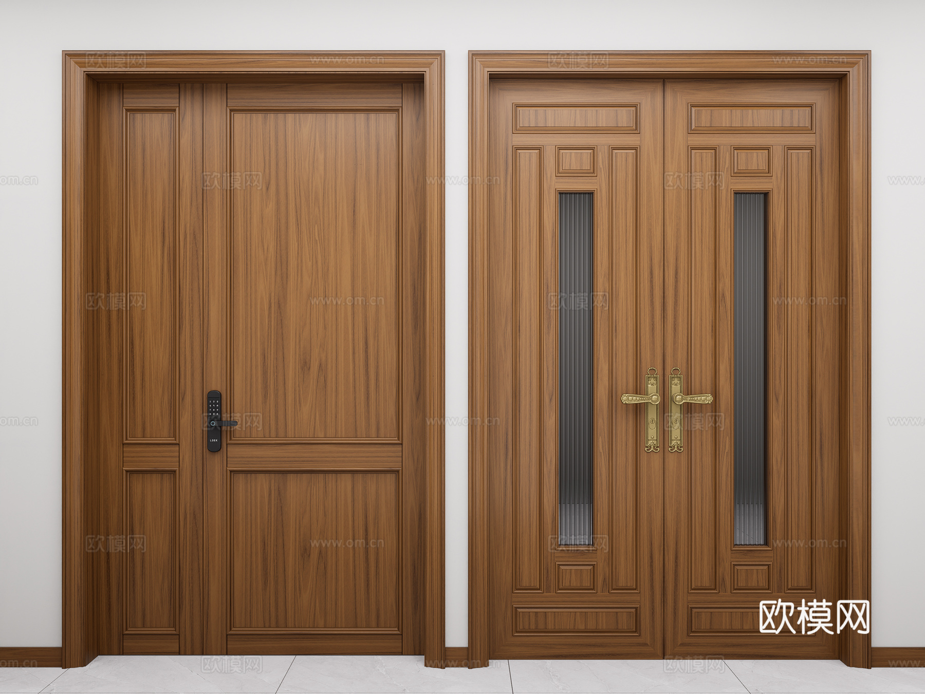 新中式实木入户门 实木平开门 实木双开门 入户子母门 防盗门su模型