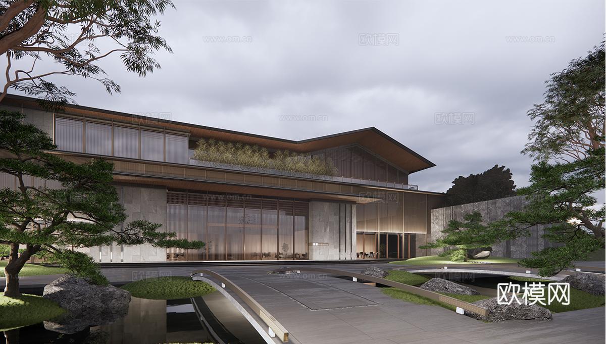 新中式民宿 建筑 酒店民宿 木制 斜顶su模型