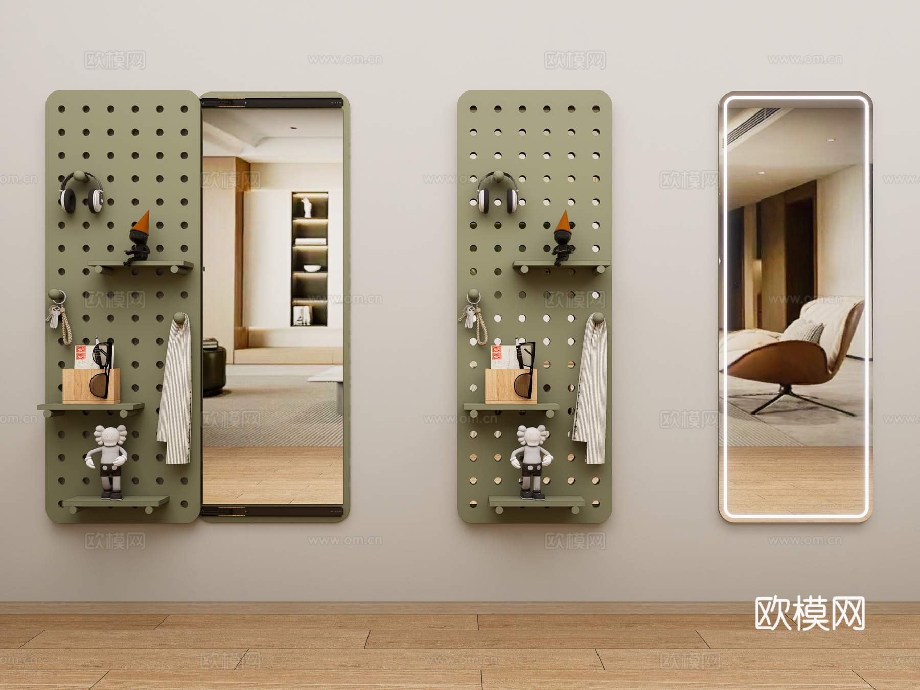 现代隐形全身镜 镜子 穿衣镜 一体推拉全身镜 洞洞板su模型