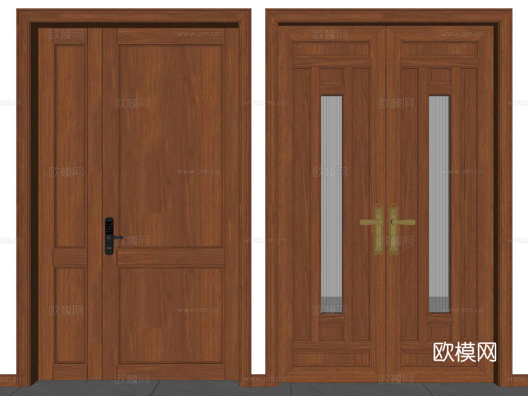 新中式实木入户门 实木平开门 实木双开门 入户子母门 防盗门su模型