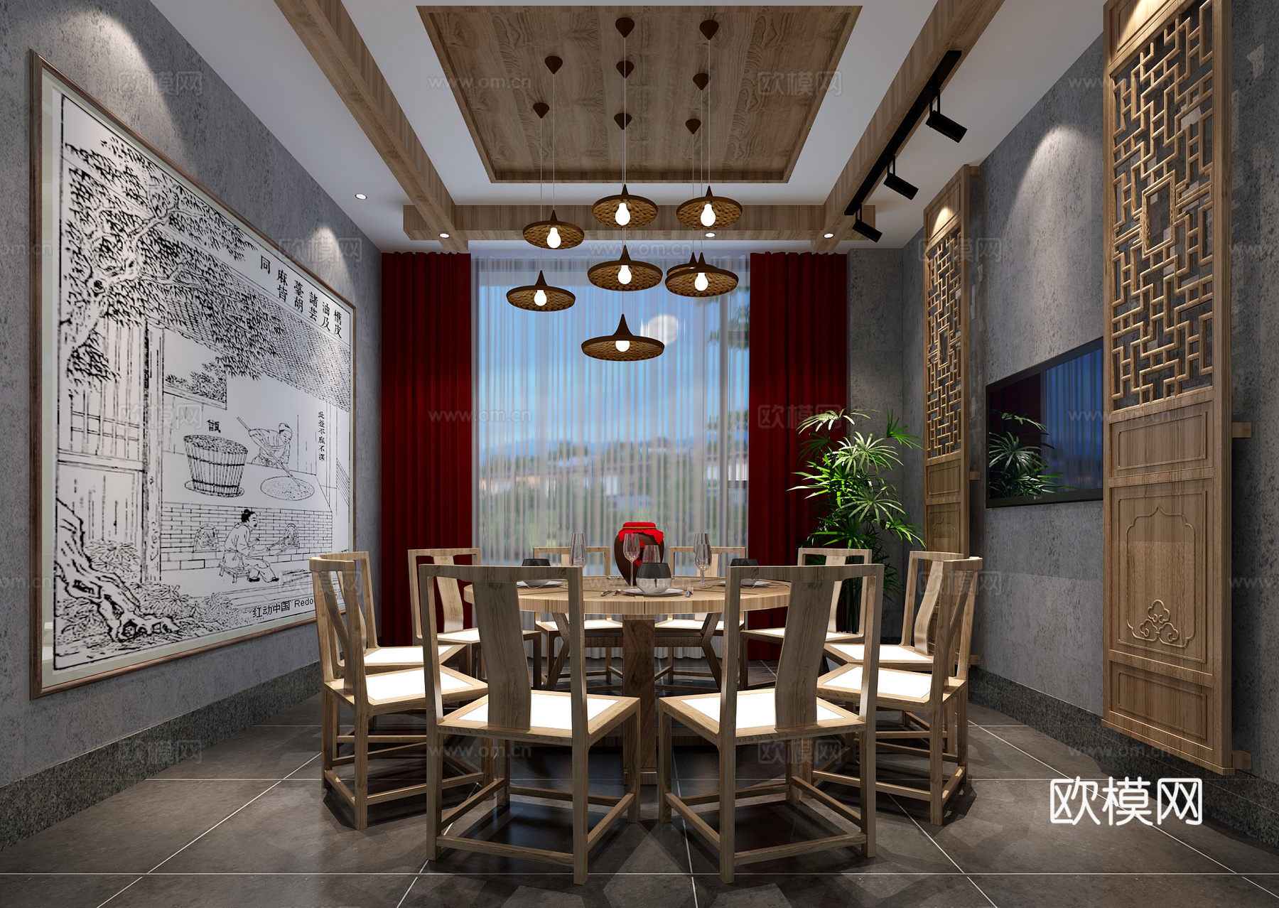 新中式餐厅 包间 餐厅包间3d模型下载