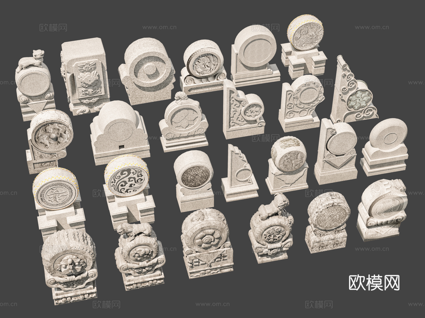 中式抱鼓石 门墩 石墩 门枕石 门座 镇门石 门台 石雕 庭3d模型下载