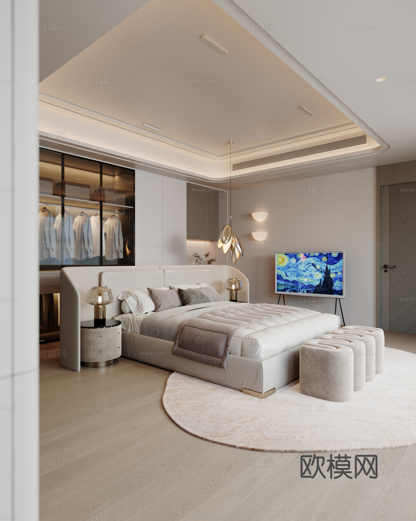 现代卧室 双人床 吊灯 台灯 主卧 次卧 老人房su模型