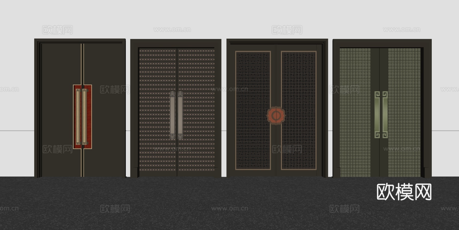 新中式双开门​​ 金属雕花入户门​ 深色系豪华大门su模型