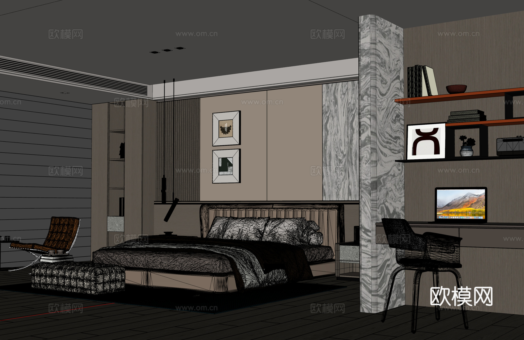 意式现代卧室 双人床 床头柜 书柜 书桌椅su模型