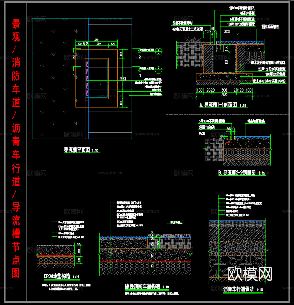 景观节点图 导流槽剖面图 消防车道沥青车道剖面图cad施工图