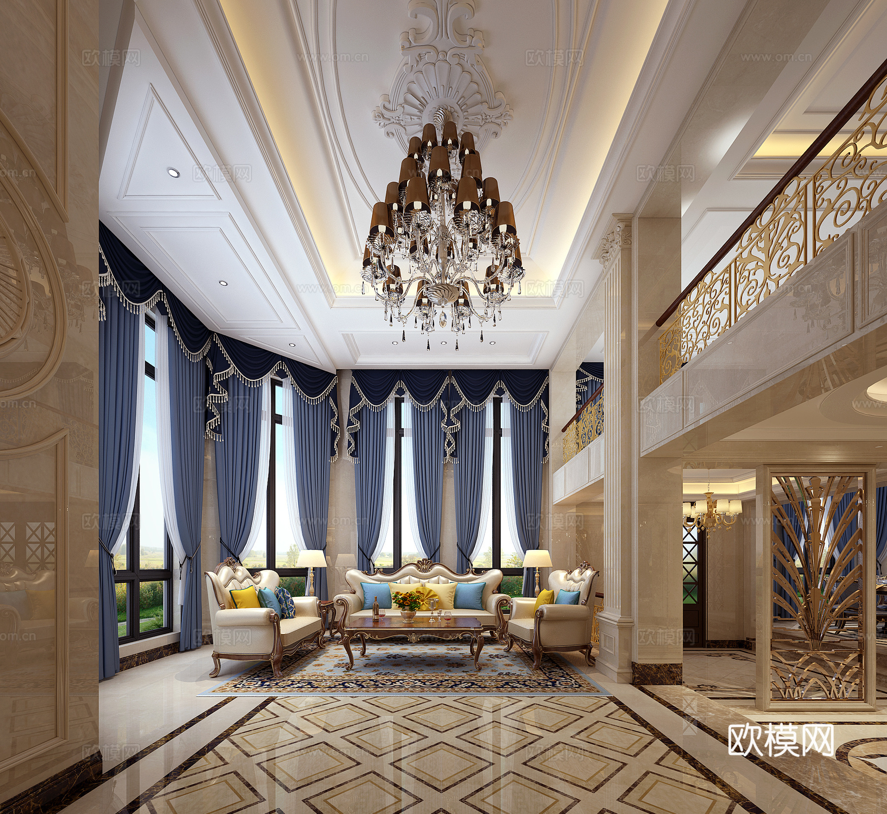 欧式古典欧式客厅吊灯沙发罗马柱地毯3d模型下载