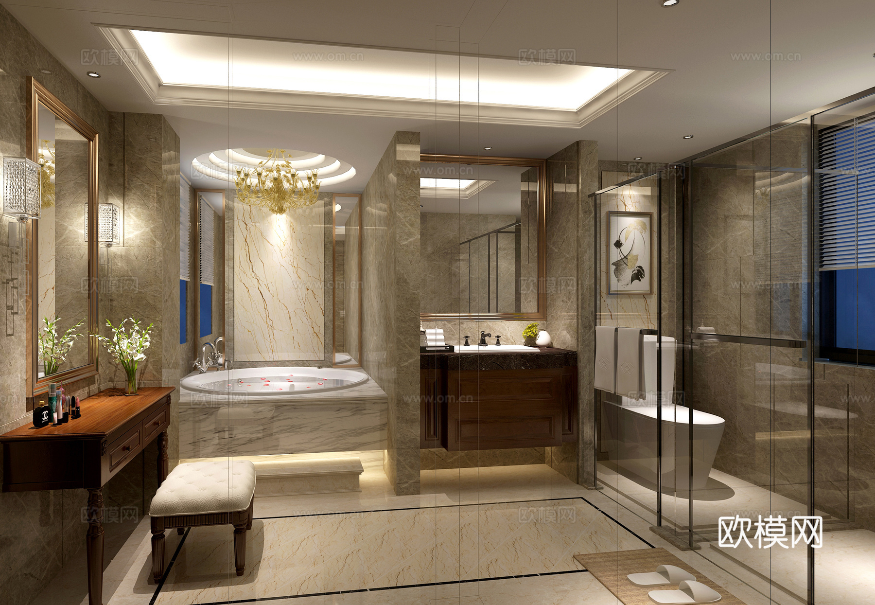 简欧欧式 卫生间 梳妆台 洗手台 吊灯 浴缸 壁灯 化妆品3d模型