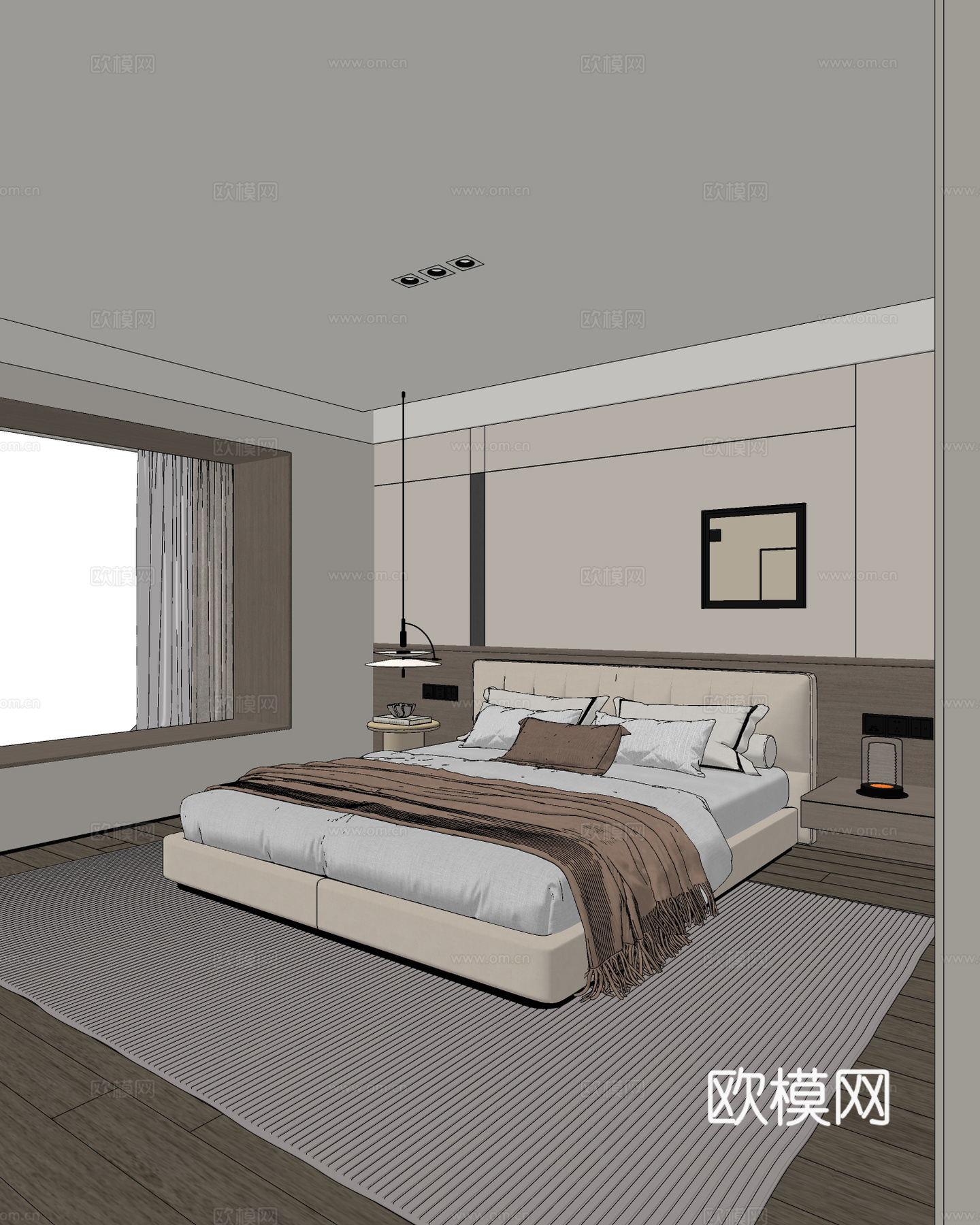 现代卧室 双人床 吊灯 台灯 主卧 次卧 老人房su模型