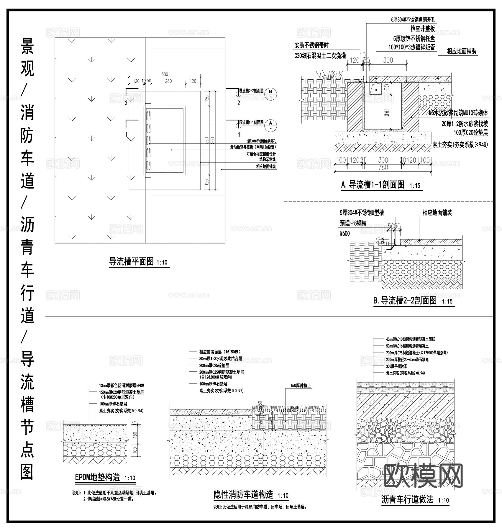 景观节点图 导流槽剖面图 消防车道沥青车道剖面图cad施工图