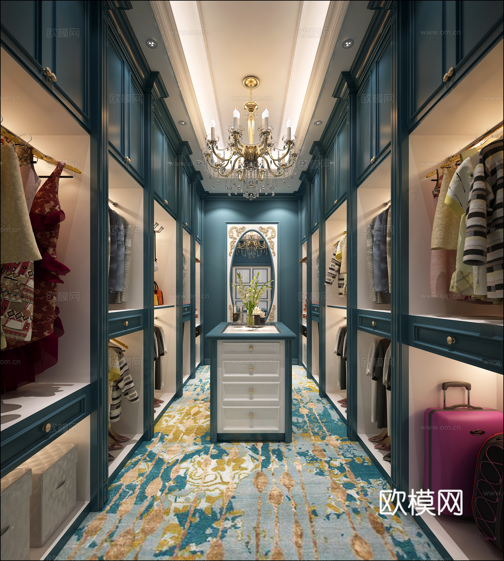 简欧欧式衣帽间 欧式水晶吊灯 地毯 欧式镜子 首饰台3d模型