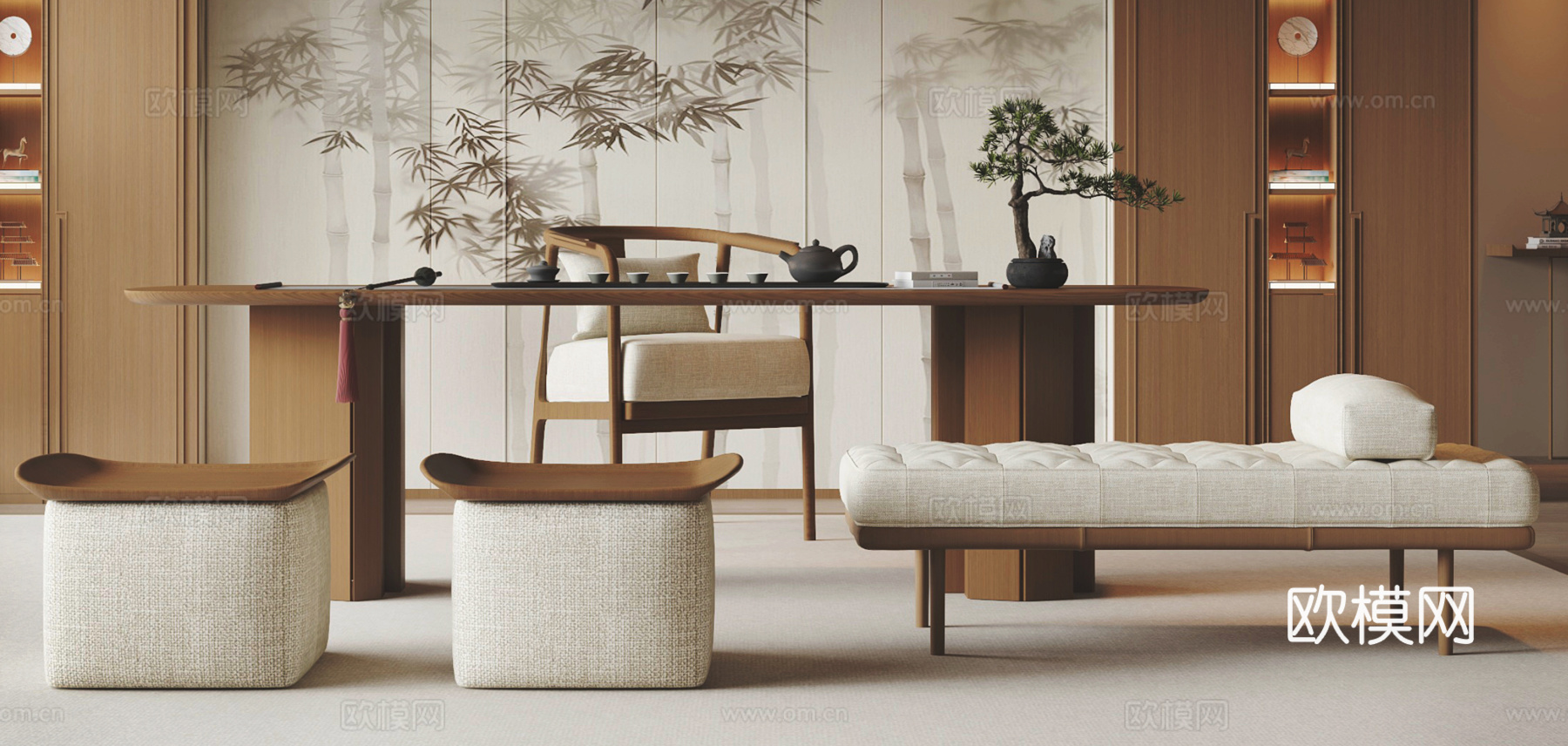 新中式茶桌椅组合3d模型下载