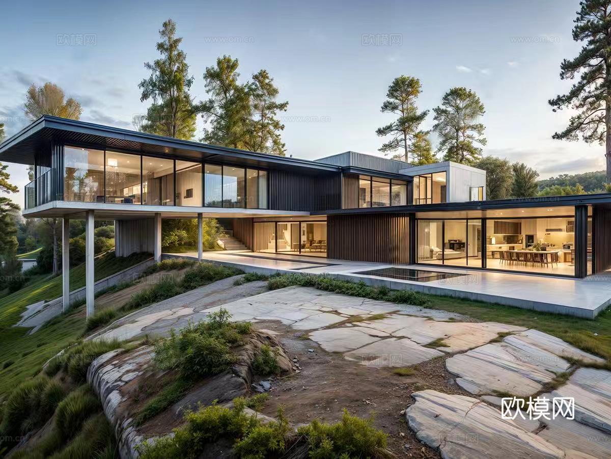 现代山地民宿 别墅建筑 平顶su模型