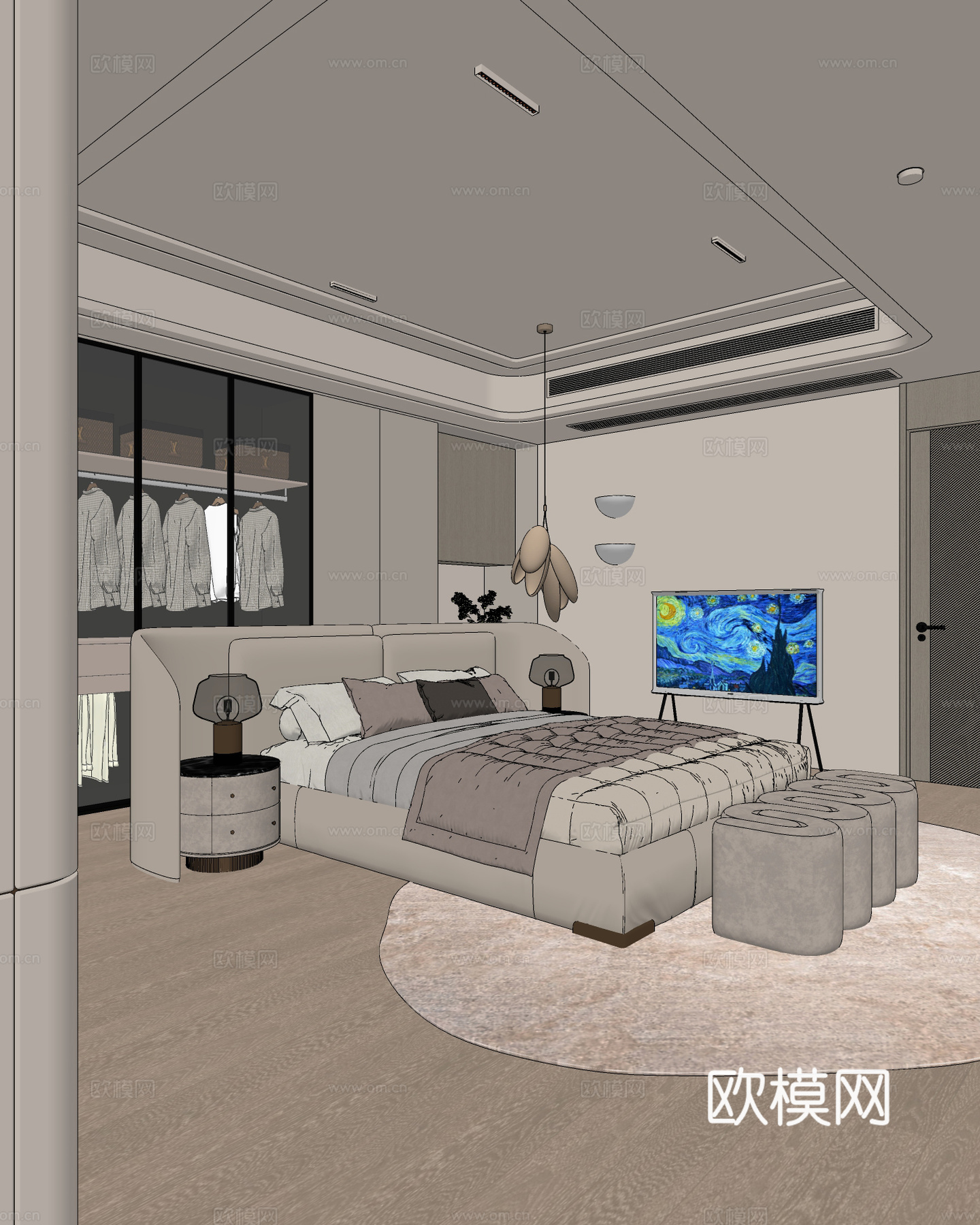 现代卧室 双人床 吊灯 台灯 主卧 次卧 老人房su模型